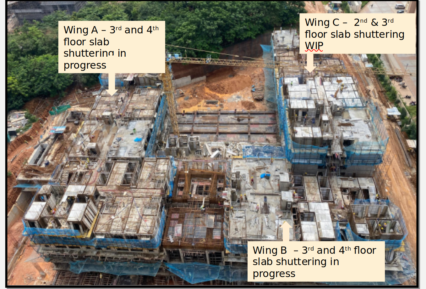 OVERALL VIEW – 1.Wing A&B – 3rd and 4th floor slab shuttering WIP 2. Wing – C – 2nd and 3rd floor initial setting WIP