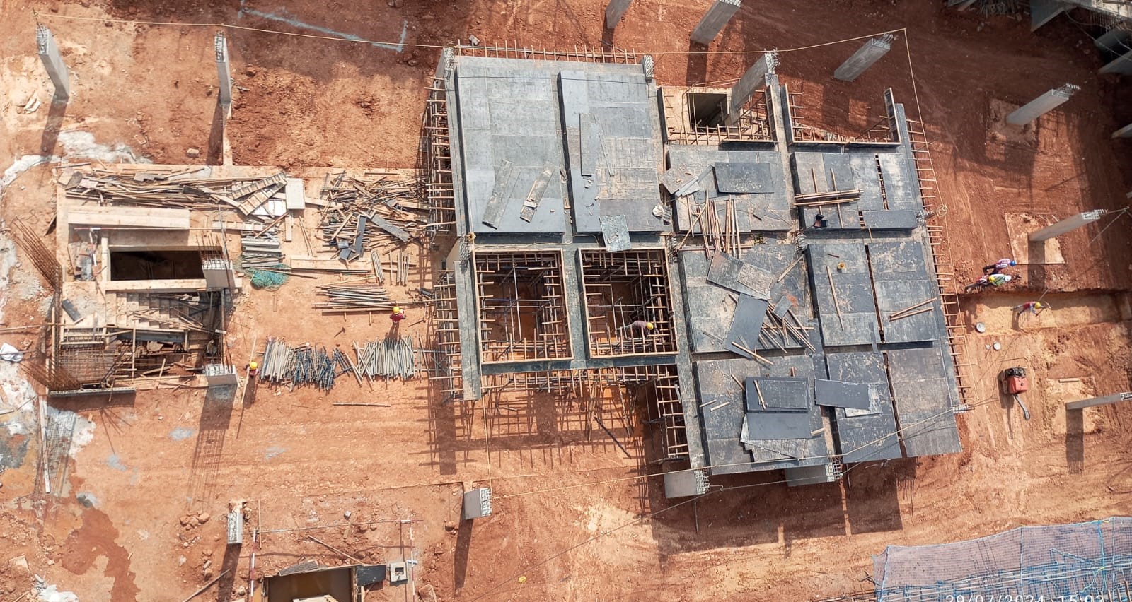 Podium Area- Backfilling, Grade Slab PCC, Column Reinforcement, Shuttering WIP.