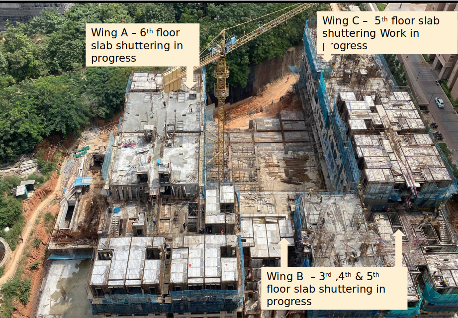 OVERALL VIEW – 1.Wing A&C – 6th and 5th floor slab shuttering WIP 2. Wing – C – 3rd ,4th and 5th floor slab shuttering WIP
