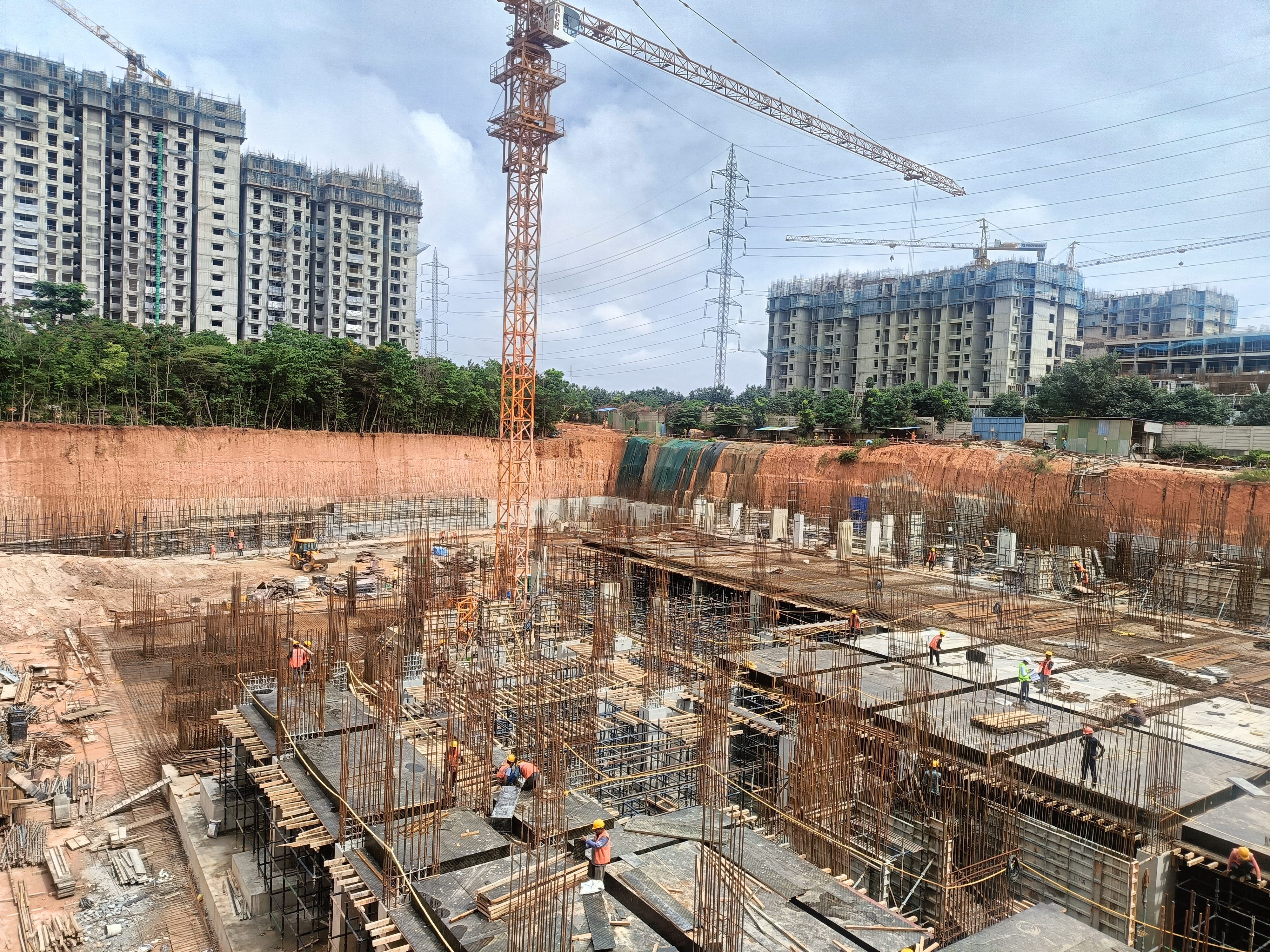 Mass excavation work completed Tower area Raft - work completed Hospital area Raft concreting work in progress Tower A – Basement column shuttering work in progress Tower B – Basement slab shuttering work in progress