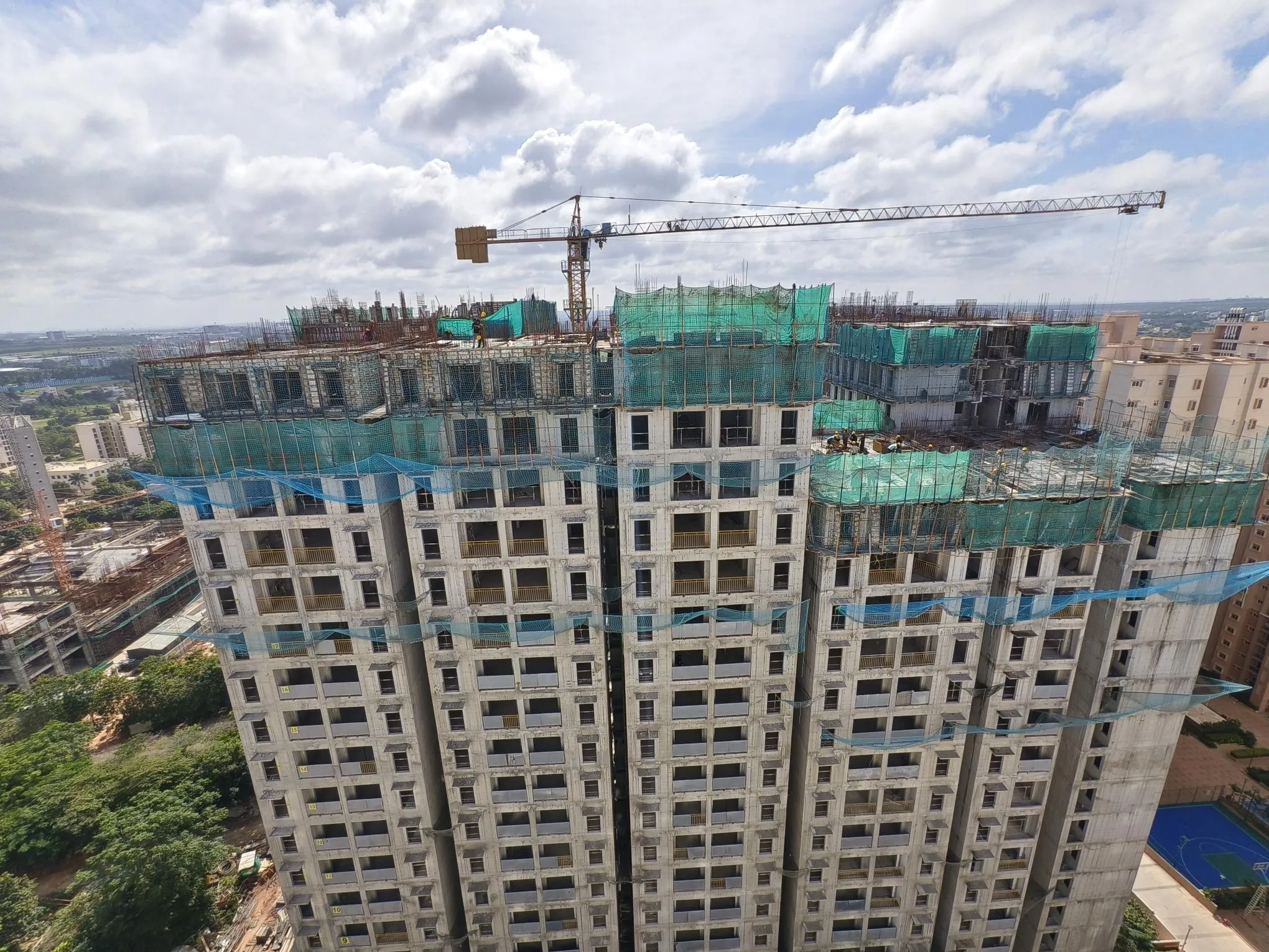 OVERALL VIEW – 1.Wing A – Terrace slab shuttering WIP 2. Wing B –20th & terrace slab shuttering WIP 3. Wing C –Terrace slab completed