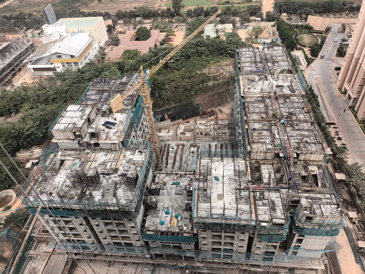 OVERALL VIEW – 1.Wing A – 9th floor slab shuttering in progress                               2. Wing B –   6th ,7th and 8th floor slab shuttering in progress                              3. Wing C – 8th and 9th floor slab shuttering in progress