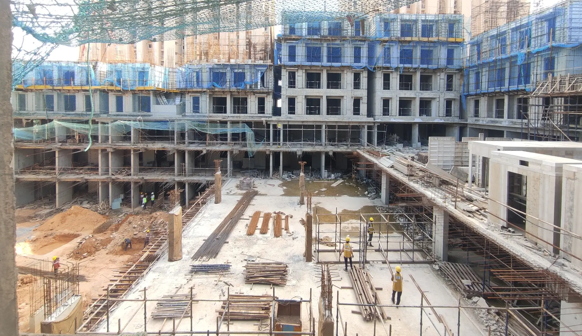 Wing C -3rd floor slab concrete completed, Non tower Area Upper basement and Ground floor slab shuttering WIP