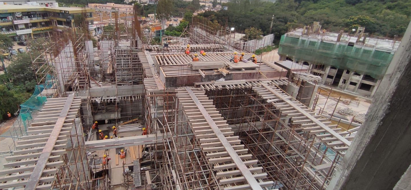 CLUB HOUSE – Second floor slab completed. Terrace slab (second to 4th double height) shuttering and reinforcement work in progress