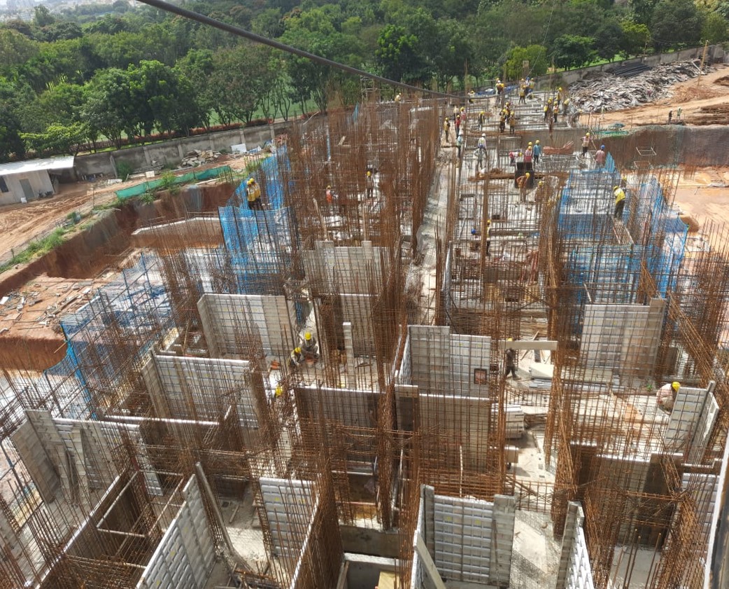 Second floor shuttering and reinforcement work is in progress