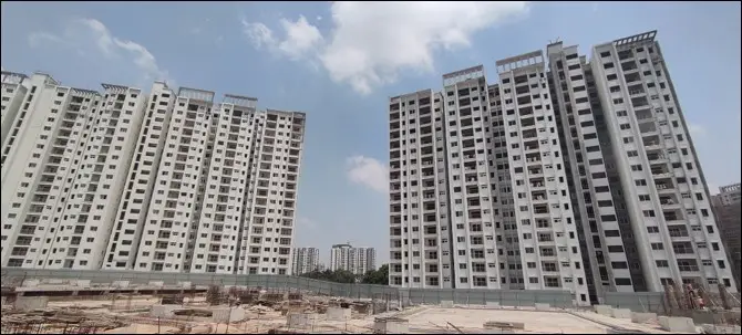 Tower D,E & F | Terrace Parapet, Elevation features pergola work is complete & Tower D | Terrace Tiling completed, Tower E – Terrace Tiling in progress & Tower F –Terrace Waterproofing work in progress.