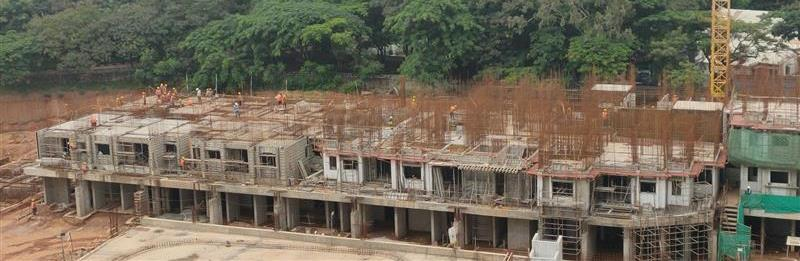 Tower B, 1 st floor pour 1 slab completed. 1 st floor pour 2 Partial area slab shuttering(conventional) , Aluminium shuttering work and reinforcement is in progress