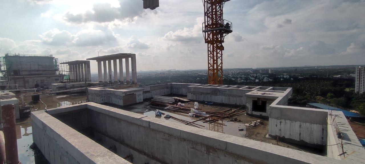 D -Terrace Parapet, Elevation features works completed. Pergola work in progress. E - Terrace Parapet and Elevation features works are in progress