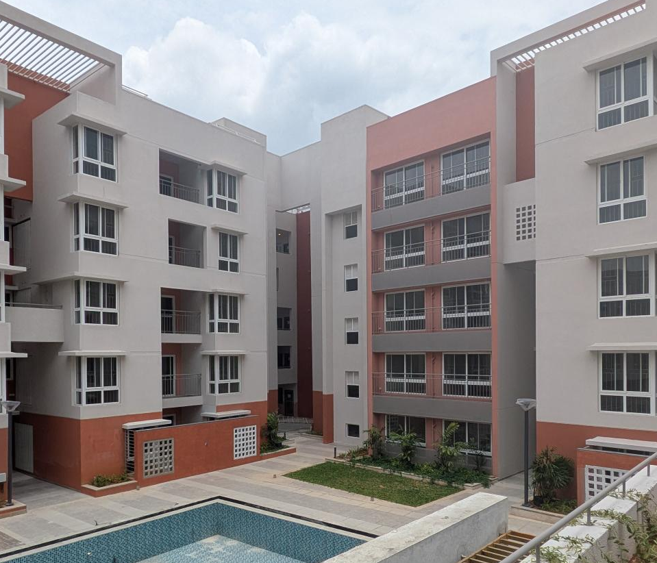 I Block   External paint completed. All 15 flats QA certification completed. Terrace clay tile finishing completed. Basement VDF completed. Lift installed. Common area first coat painting is completed. Basement Painting work in progress. Common area (Staircase and Corridors) certification completed
