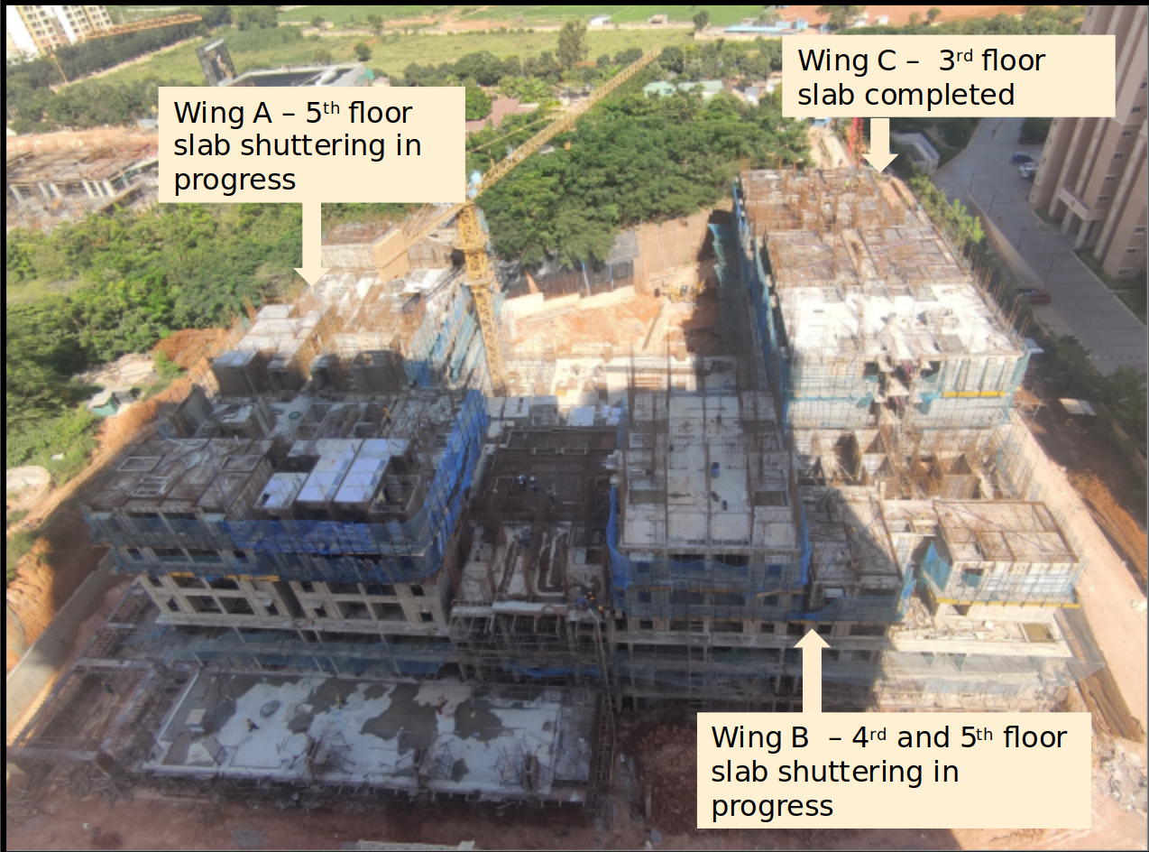 OVERALL VIEW – 1.Wing A&B – 4th and 5th floor slab shuttering  WIP                               2. Wing – C –   3rd floor slab completed
