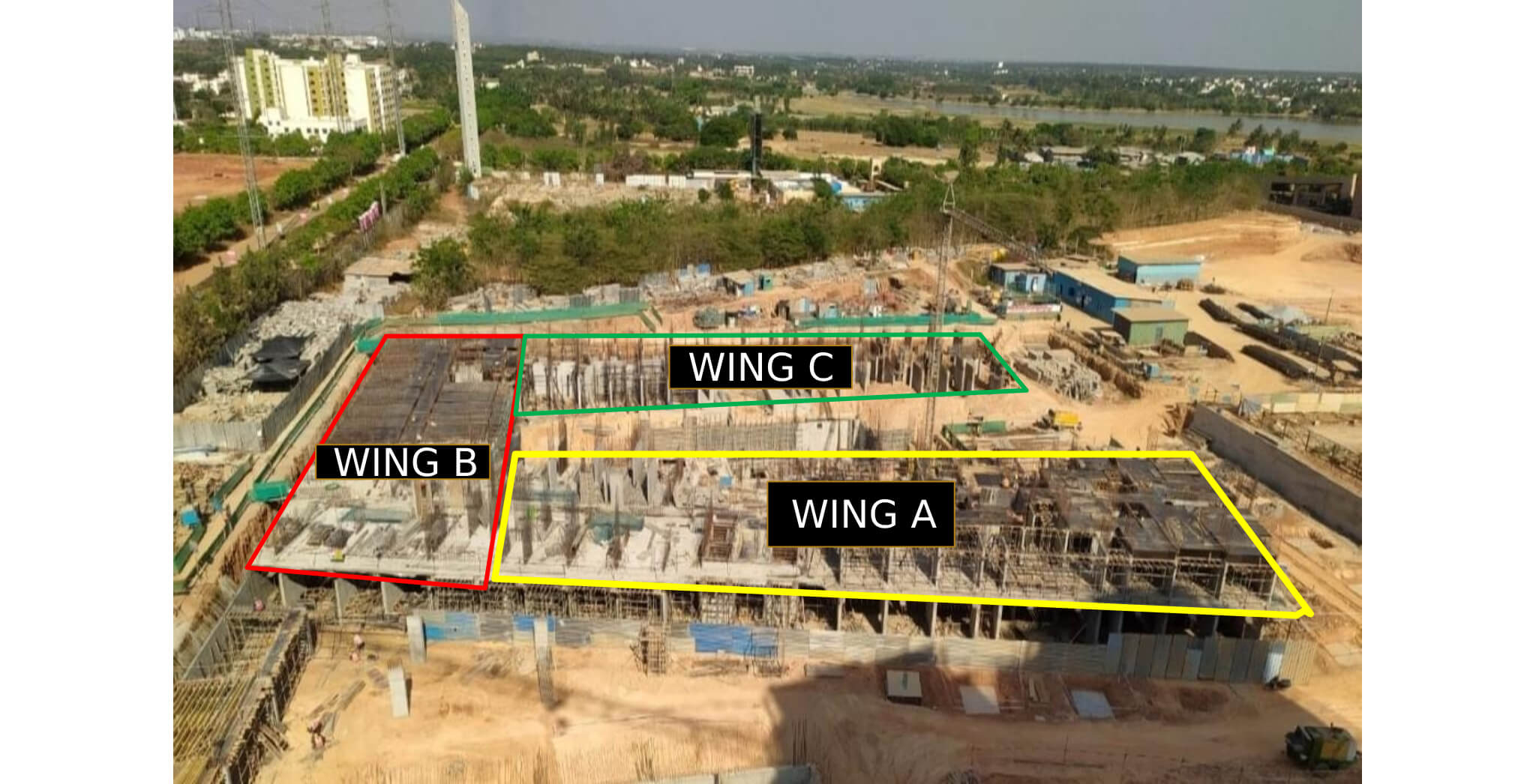 Wing A - First floor slab shuttering work in progress. Wing B - Ground floor slab reinforcement work in progress. Wing C - Ground floor slab shuttering work in progress