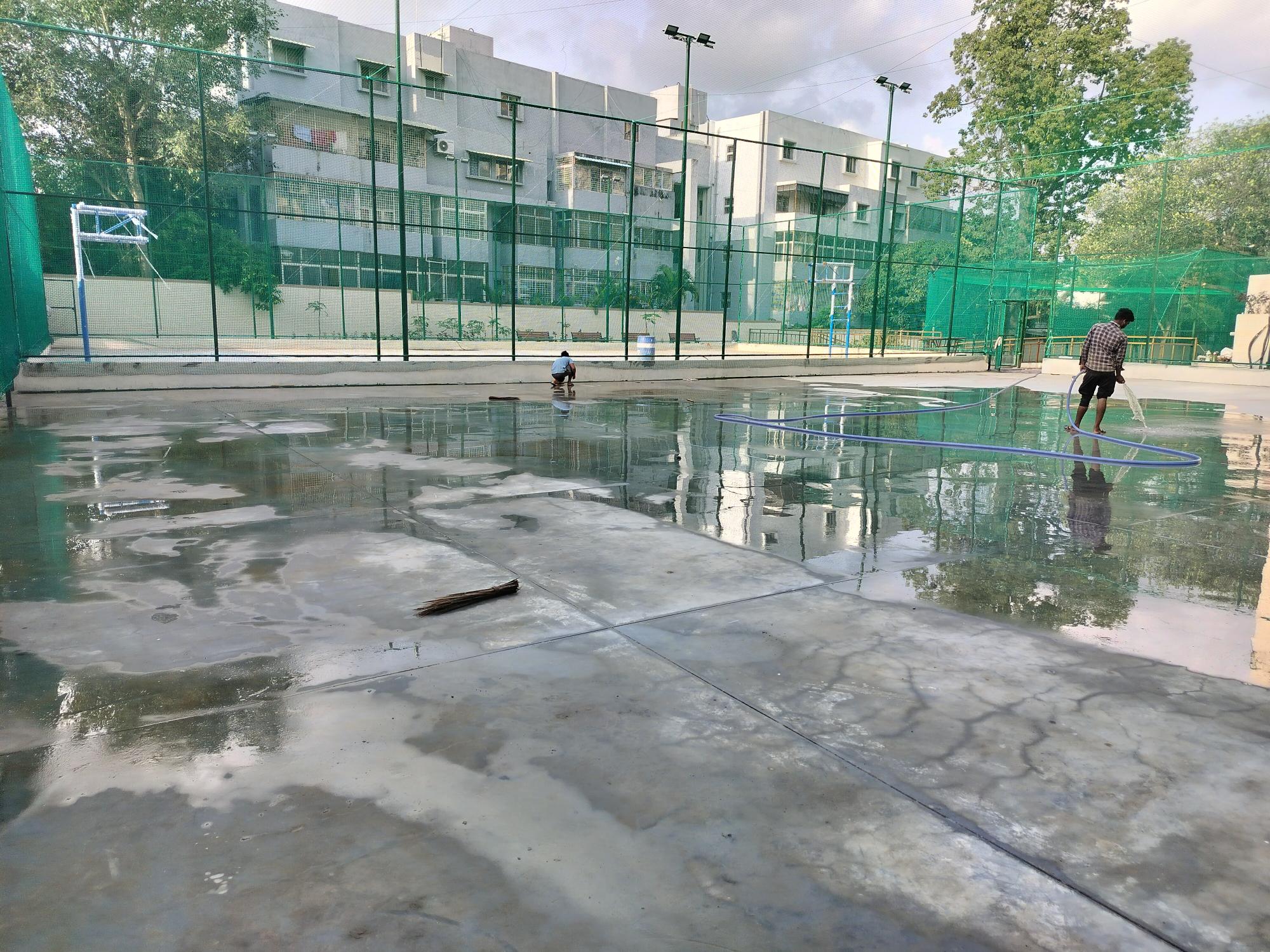 Basketball &futsal court area hardscape & softscape works completed. Sports court flooring works are in progress
