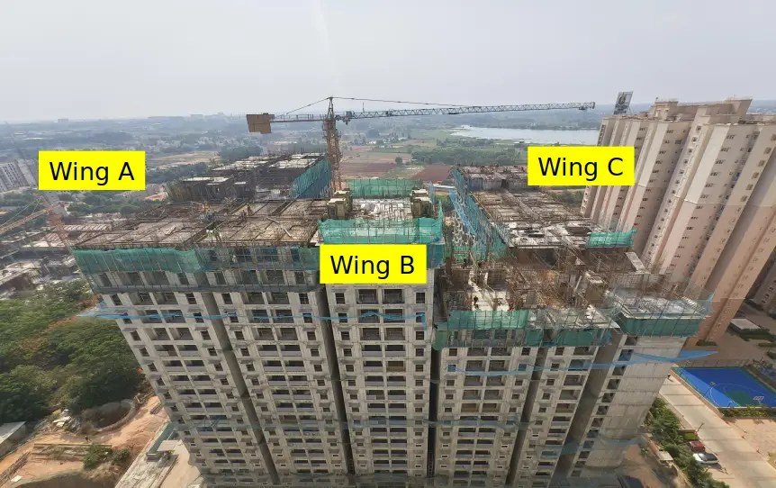 OVERALL VIEW – 1.Wing A – 19th floor slab shuttering in progress 2. Wing B – 15th &16th floor slab shuttering in progress 3. Wing C – 16th floor slab shuttering in progress
