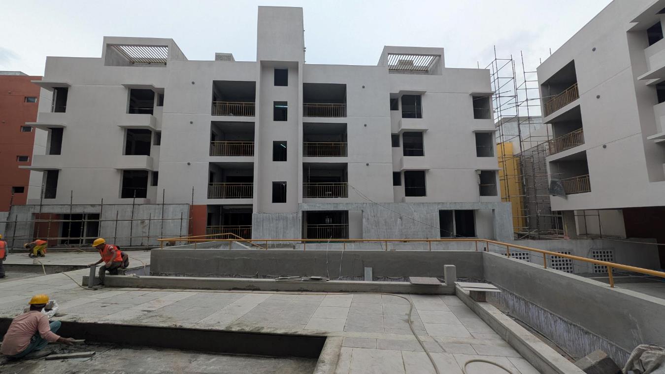 C Block External paint work in progress. Terrace clay tile finishing work completed. Basement VDF completed. Common area (Lift lobby and staircase) finishing work in progress.