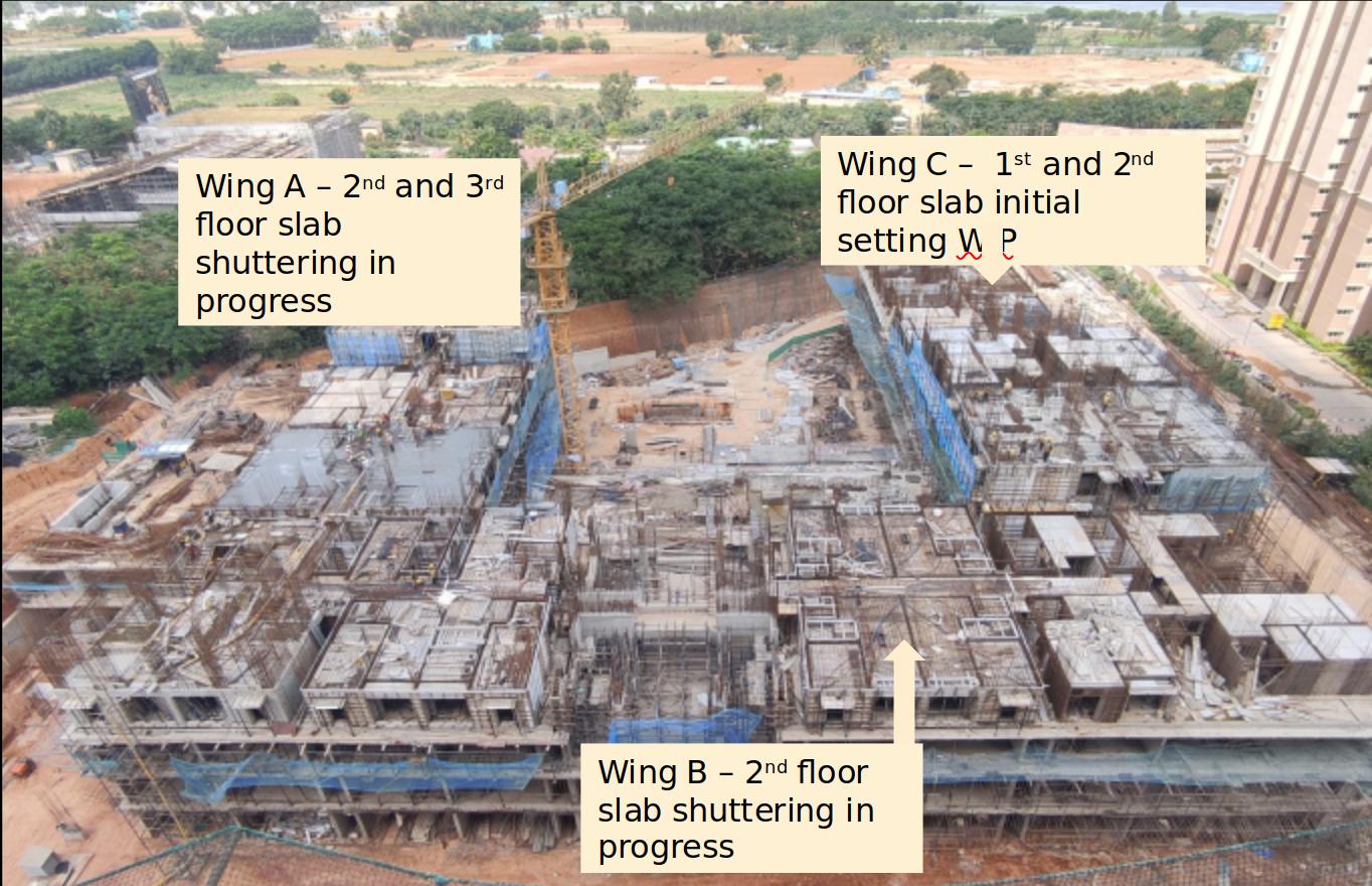 Overall View – 1.Wing A&B – 2nd and 3rd floor slab shuttering  WIP                               2. Wing – C –  1st and 2nd floor  initial setting WIP