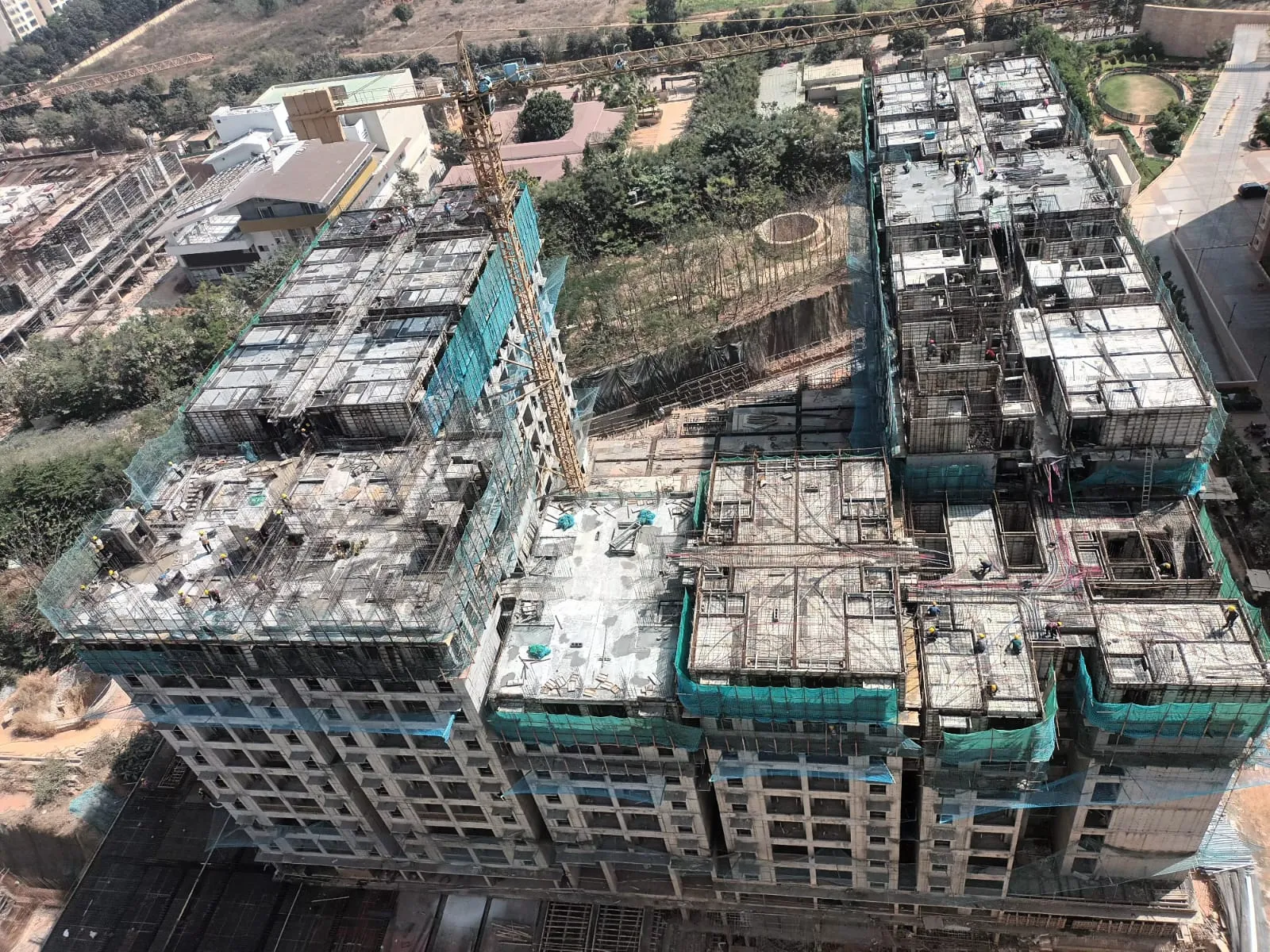 OVERALL VIEW – 1.Wing A – 13th floor slab shuttering WIP 2. Wing B – 10th and 11th floor slab shuttering WIP 3. Wing C – 11th and 12th floor slab shuttering WIP