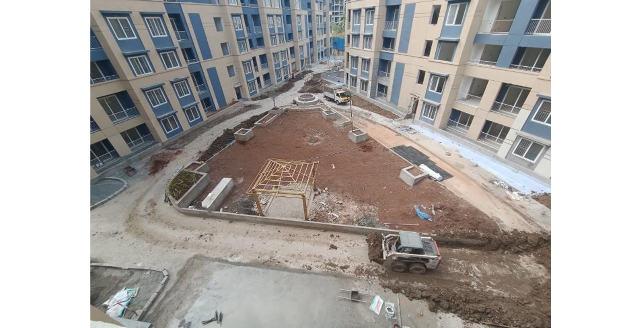 Brigade Xanadu Destino Centre Podium : In progress: Podium waterproofing completed, Soft scape work in progress